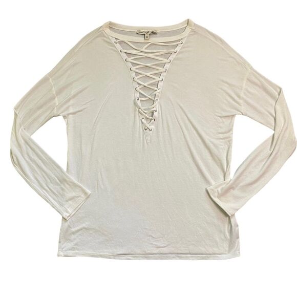 EXPRESS One Eleven White Lace-Up V-Neckline Long Sleeve Tee - Picture 1 of 5